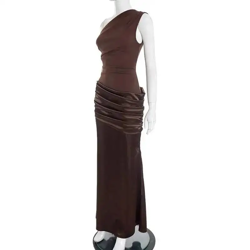 Blifanbo Stain Oblique Shoulder Sexy Maxi Dress Women Gown Ruched Sleeveless Fashion High Waist Club Party Evening Dress Elegant