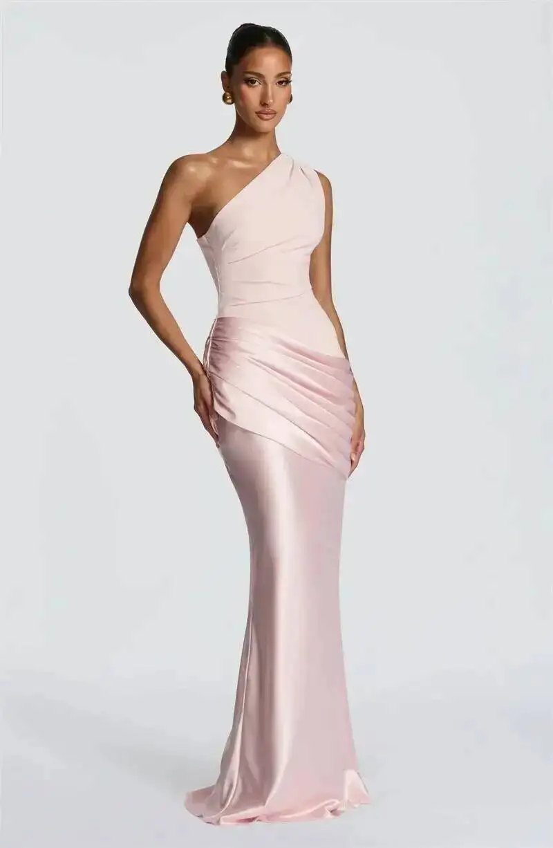 Blifanbo Stain Oblique Shoulder Sexy Maxi Dress Women Gown Ruched Sleeveless Fashion High Waist Club Party Evening Dress Elegant