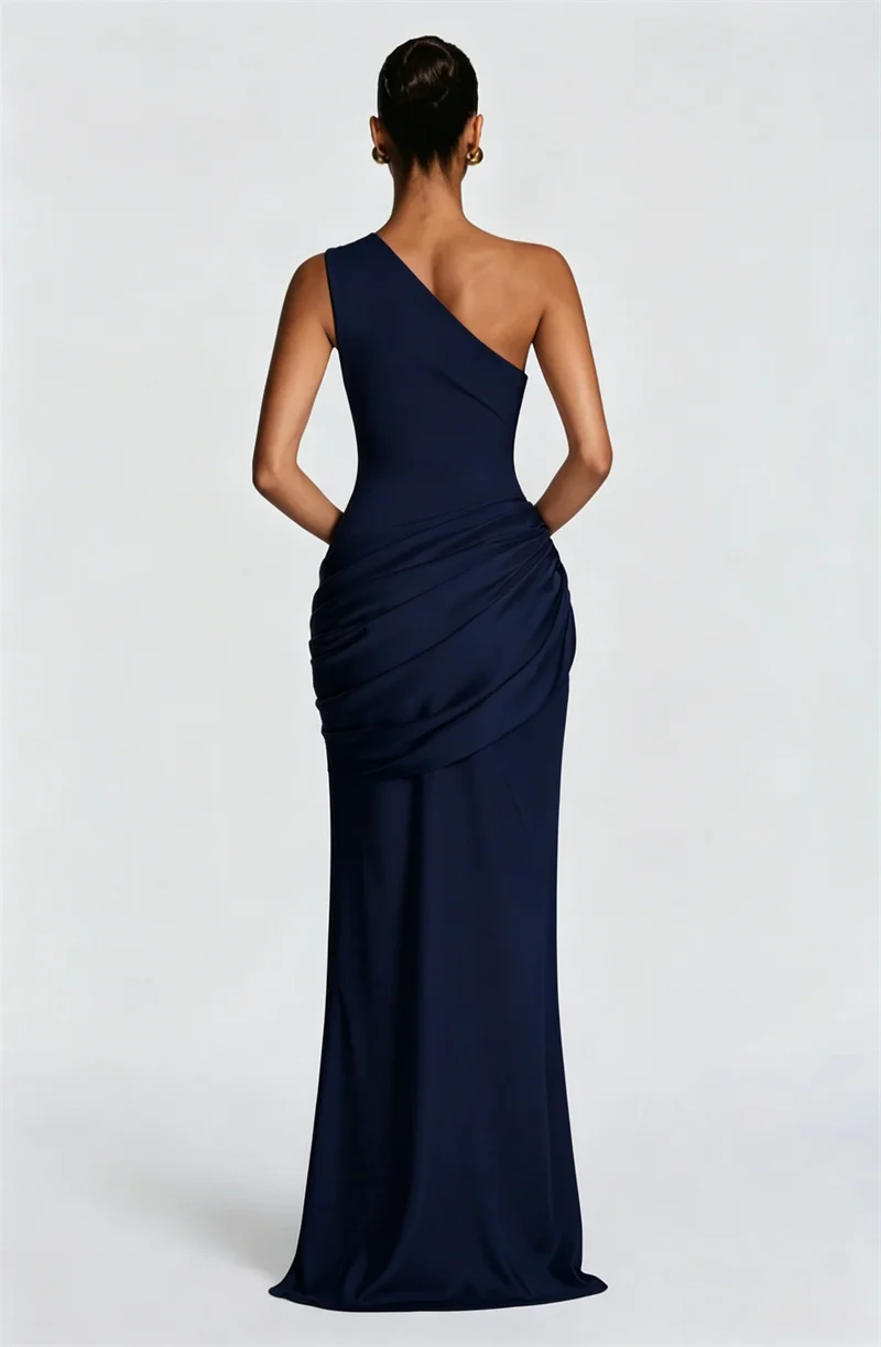 Blifanbo Stain Oblique Shoulder Sexy Maxi Dress Women Gown Ruched Sleeveless Fashion High Waist Club Party Evening Dress Elegant