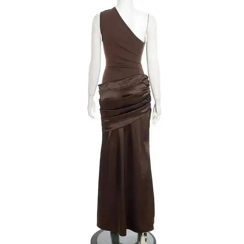 Blifanbo Stain Oblique Shoulder Sexy Maxi Dress Women Gown Ruched Sleeveless Fashion High Waist Club Party Evening Dress Elegant
