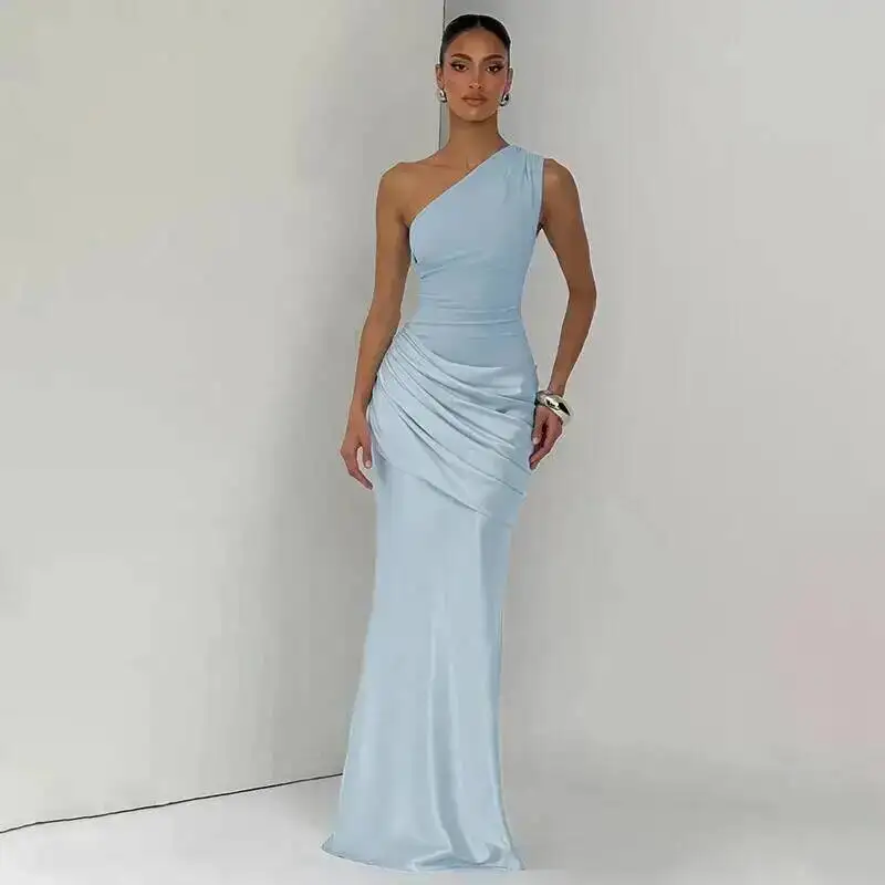 Blifanbo Stain Oblique Shoulder Sexy Maxi Dress Women Gown Ruched Sleeveless Fashion High Waist Club Party Evening Dress Elegant
