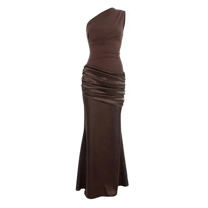 Blifanbo Stain Oblique Shoulder Sexy Maxi Dress Women Gown Ruched Sleeveless Fashion High Waist Club Party Evening Dress Elegant