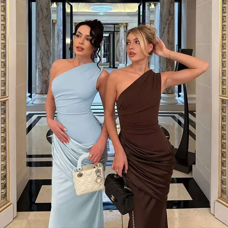 Blifanbo Stain Oblique Shoulder Sexy Maxi Dress Women Gown Ruched Sleeveless Fashion High Waist Club Party Evening Dress Elegant