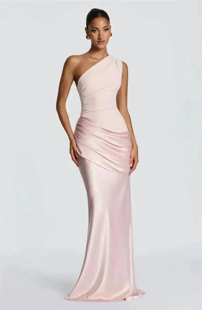 Blifanbo Stain Oblique Shoulder Sexy Maxi Dress Women Gown Ruched Sleeveless Fashion High Waist Club Party Evening Dress Elegant