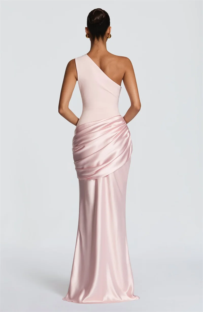 Blifanbo Stain Oblique Shoulder Sexy Maxi Dress Women Gown Ruched Sleeveless Fashion High Waist Club Party Evening Dress Elegant