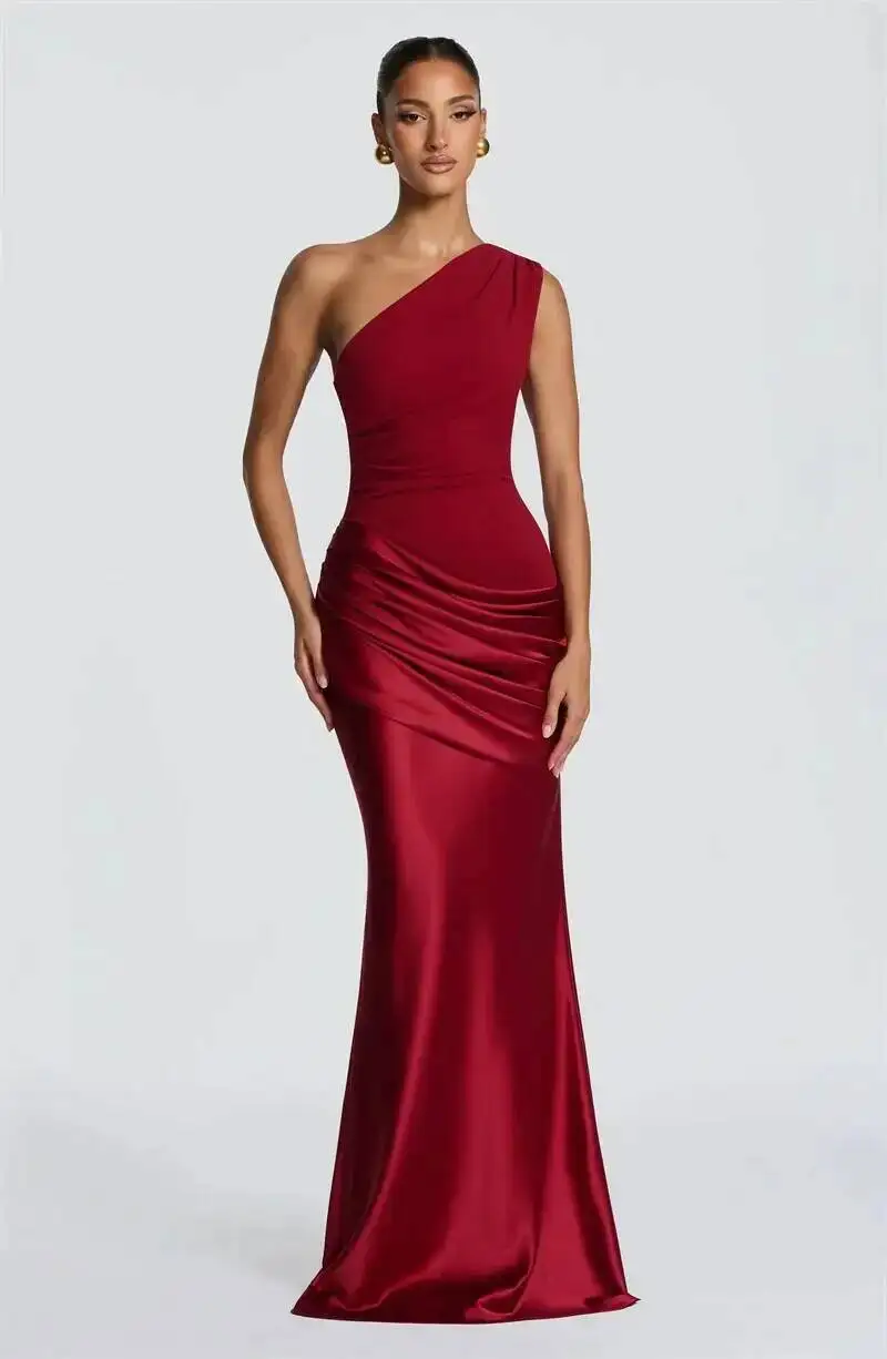 Blifanbo Stain Oblique Shoulder Sexy Maxi Dress Women Gown Ruched Sleeveless Fashion High Waist Club Party Evening Dress Elegant