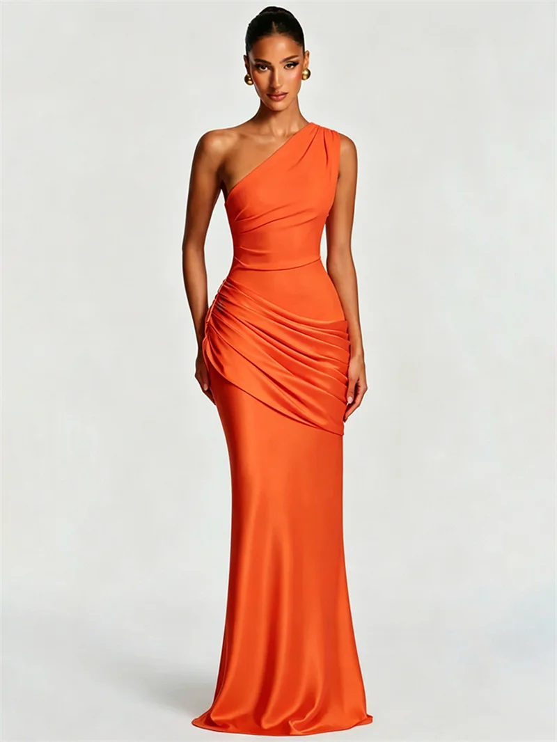 Blifanbo Stain Oblique Shoulder Sexy Maxi Dress Women Gown Ruched Sleeveless Fashion High Waist Club Party Evening Dress Elegant