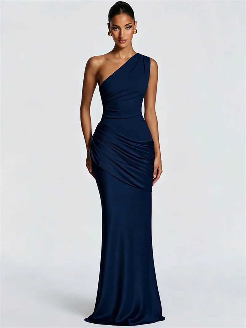 Blifanbo Stain Oblique Shoulder Sexy Maxi Dress Women Gown Ruched Sleeveless Fashion High Waist Club Party Evening Dress Elegant