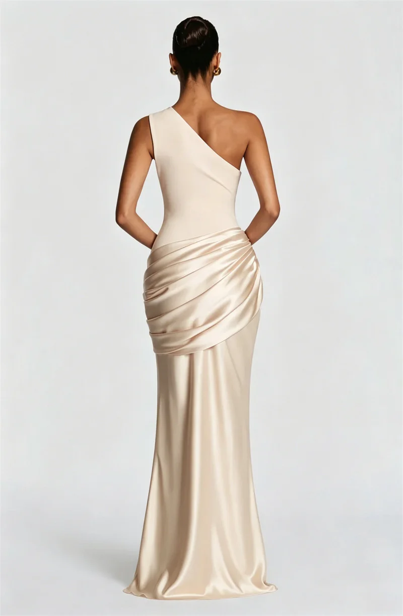 Blifanbo Stain Oblique Shoulder Sexy Maxi Dress Women Gown Ruched Sleeveless Fashion High Waist Club Party Evening Dress Elegant