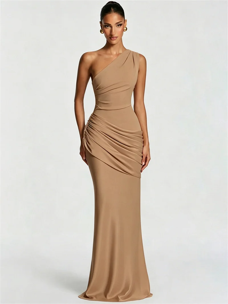Blifanbo Stain Oblique Shoulder Sexy Maxi Dress Women Gown Ruched Sleeveless Fashion High Waist Club Party Evening Dress Elegant