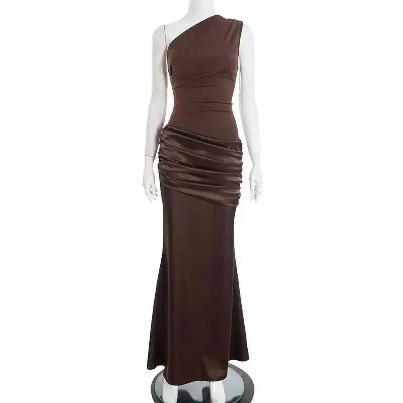 Blifanbo Stain Oblique Shoulder Sexy Maxi Dress Women Gown Ruched Sleeveless Fashion High Waist Club Party Evening Dress Elegant