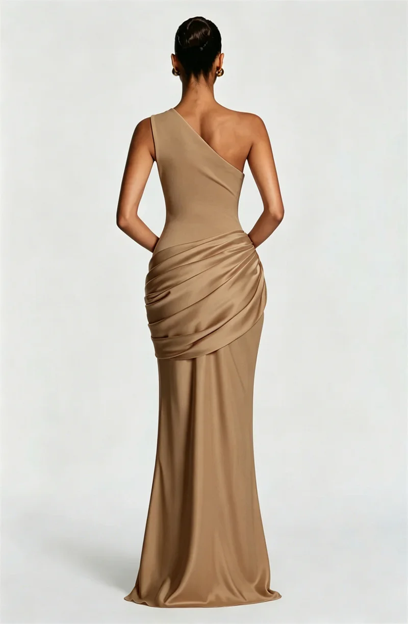 Blifanbo Stain Oblique Shoulder Sexy Maxi Dress Women Gown Ruched Sleeveless Fashion High Waist Club Party Evening Dress Elegant