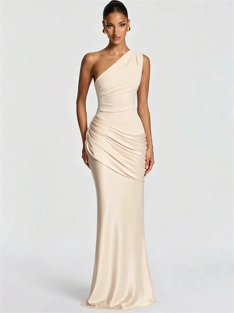 Blifanbo Stain Oblique Shoulder Sexy Maxi Dress Women Gown Ruched Sleeveless Fashion High Waist Club Party Evening Dress Elegant