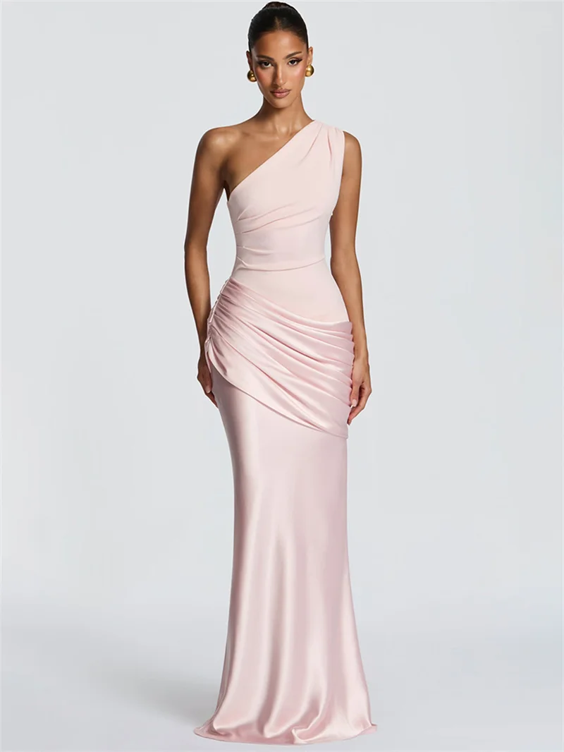 Blifanbo Stain Oblique Shoulder Sexy Maxi Dress Women Gown Ruched Sleeveless Fashion High Waist Club Party Evening Dress Elegant