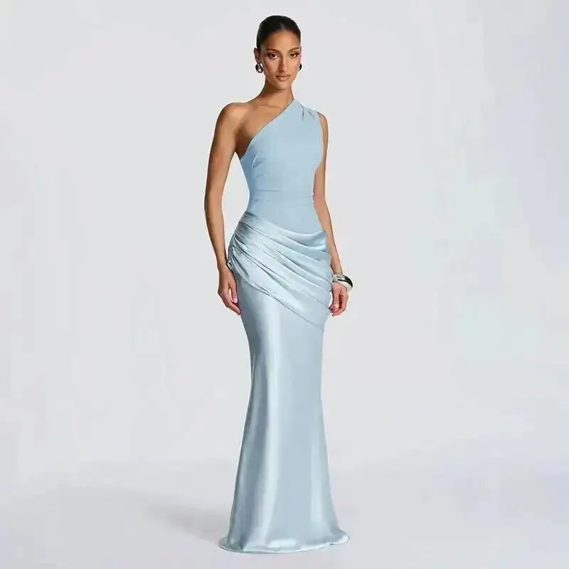Blifanbo Stain Oblique Shoulder Sexy Maxi Dress Women Gown Ruched Sleeveless Fashion High Waist Club Party Evening Dress Elegant