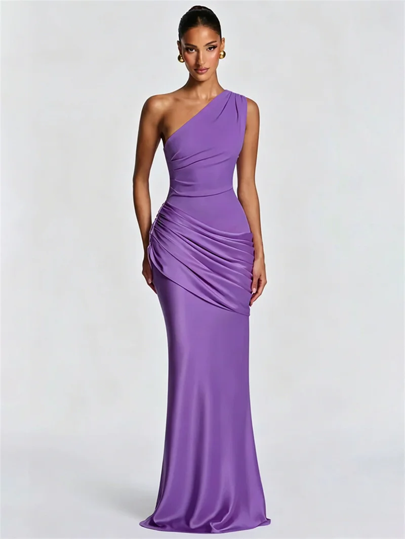 Blifanbo Stain Oblique Shoulder Sexy Maxi Dress Women Gown Ruched Sleeveless Fashion High Waist Club Party Evening Dress Elegant