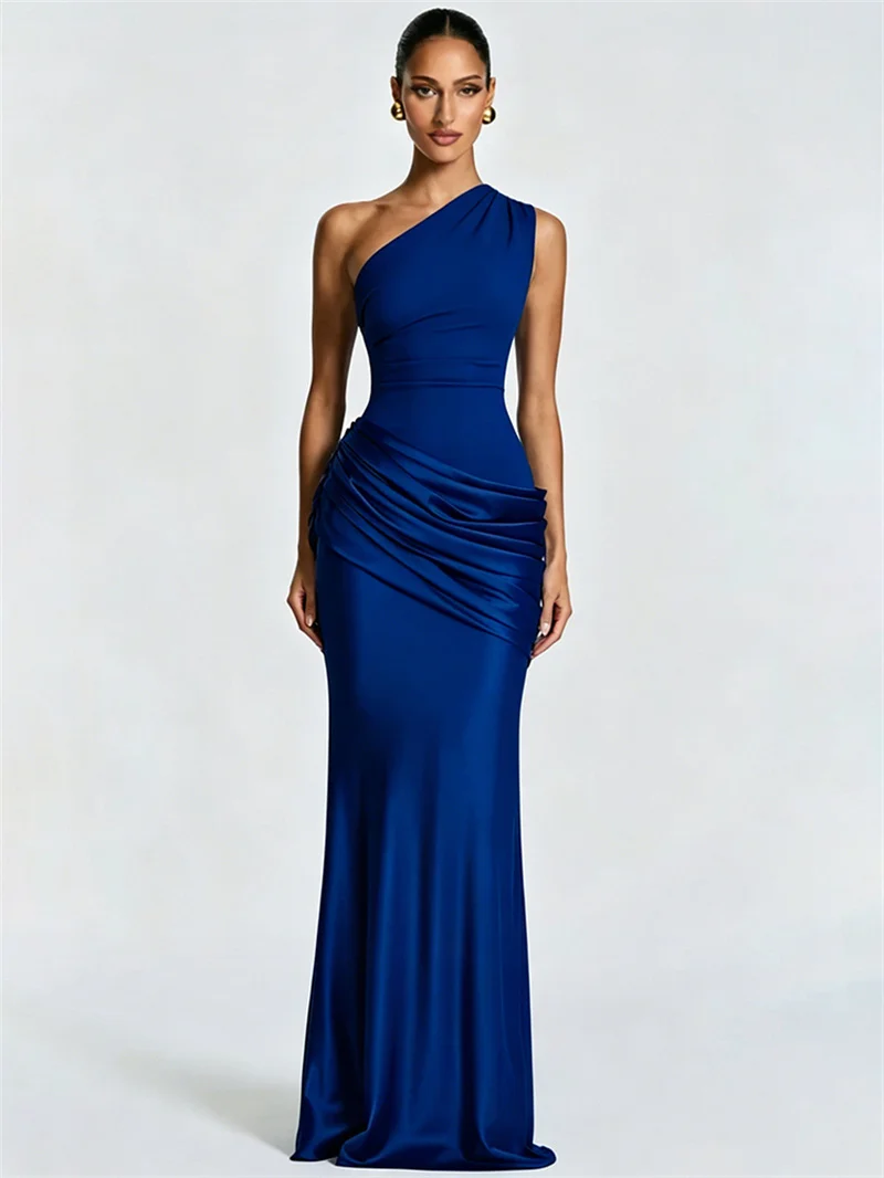 Blifanbo Stain Oblique Shoulder Sexy Maxi Dress Women Gown Ruched Sleeveless Fashion High Waist Club Party Evening Dress Elegant
