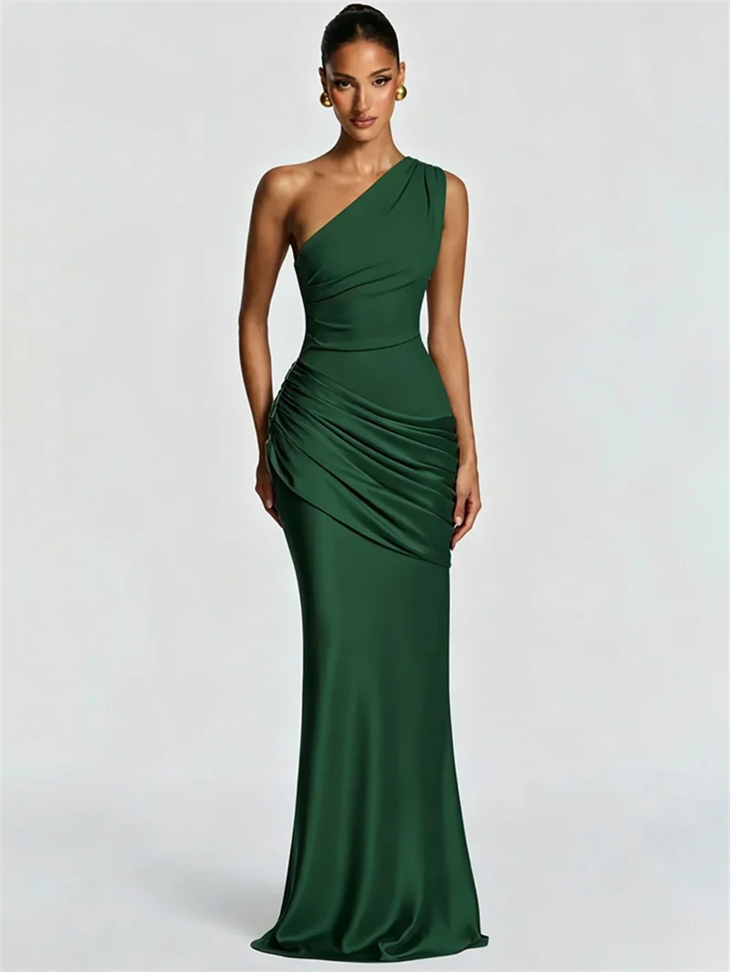 Blifanbo Stain Oblique Shoulder Sexy Maxi Dress Women Gown Ruched Sleeveless Fashion High Waist Club Party Evening Dress Elegant