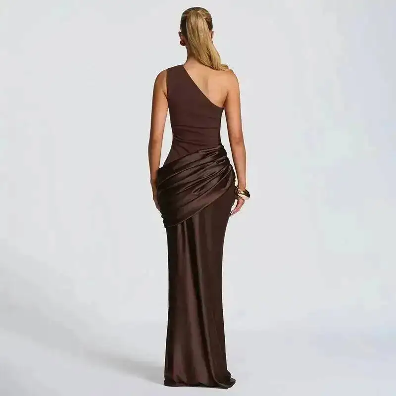Blifanbo Stain Oblique Shoulder Sexy Maxi Dress Women Gown Ruched Sleeveless Fashion High Waist Club Party Evening Dress Elegant