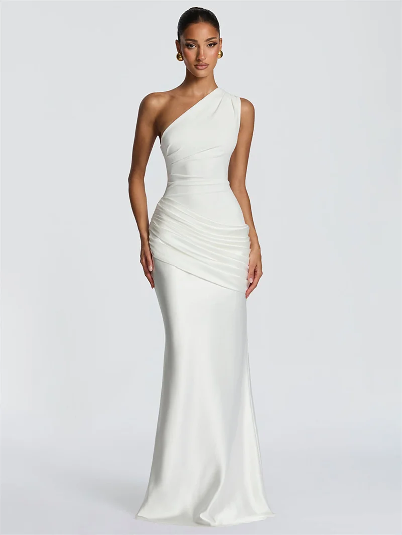 Blifanbo Stain Oblique Shoulder Sexy Maxi Dress Women Gown Ruched Sleeveless Fashion High Waist Club Party Evening Dress Elegant