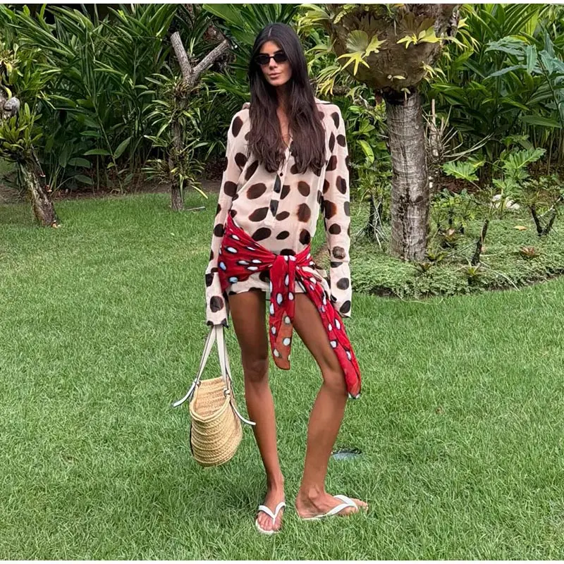 Sexy Printed Shirt-style Women's Dress Full Sleeve Turn-down Collar Button Detachable Scarf Dresses 2026 Summer Chic Female Robe