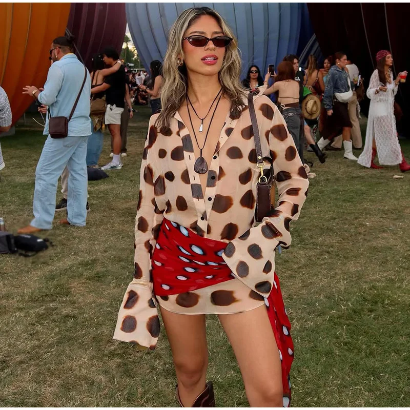 Sexy Printed Shirt-style Women's Dress Full Sleeve Turn-down Collar Button Detachable Scarf Dresses 2026 Summer Chic Female Robe