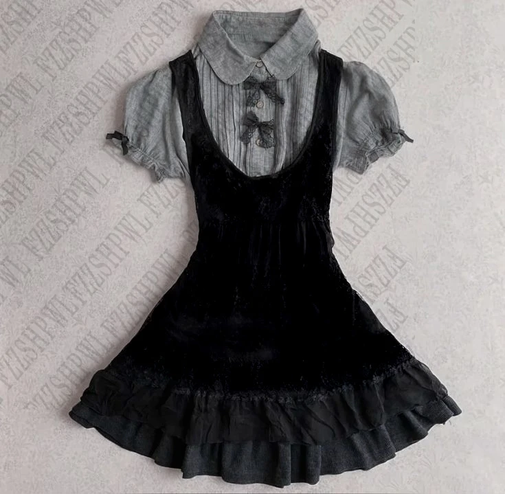 Bow Cute Harajuku Gothic Dress Y2K Women Clothing Aesthetic Subculture Punk Fashion Shirt dress Female Lace Chic Vintage Frock