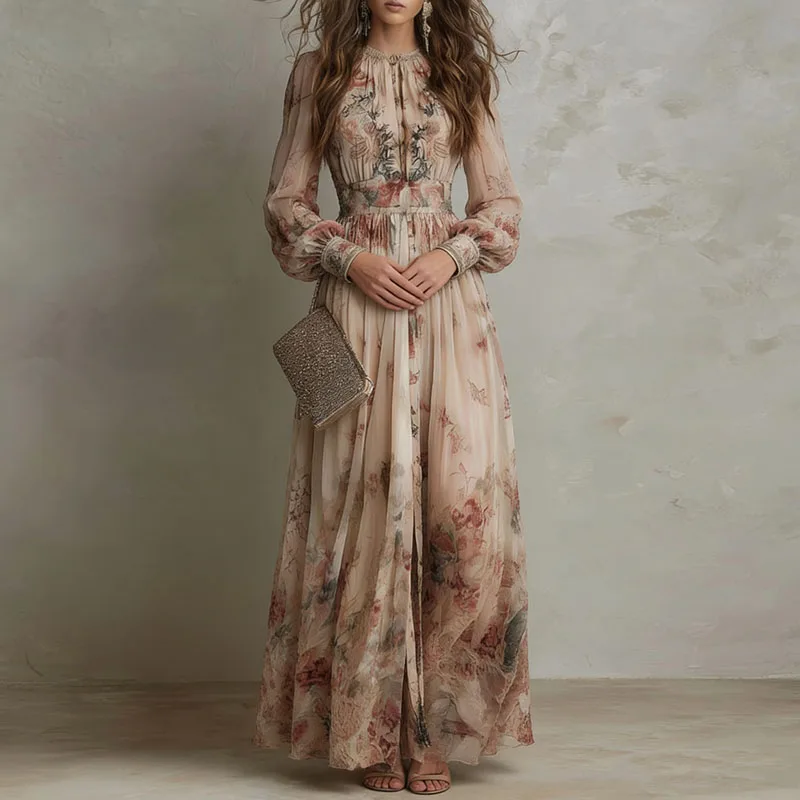 Vintage Floral Print High Waist Pleated Long Dress Woman Elegant O Neck Slim Party Dresses Spring Long Sleeve Boho Holiday Dress