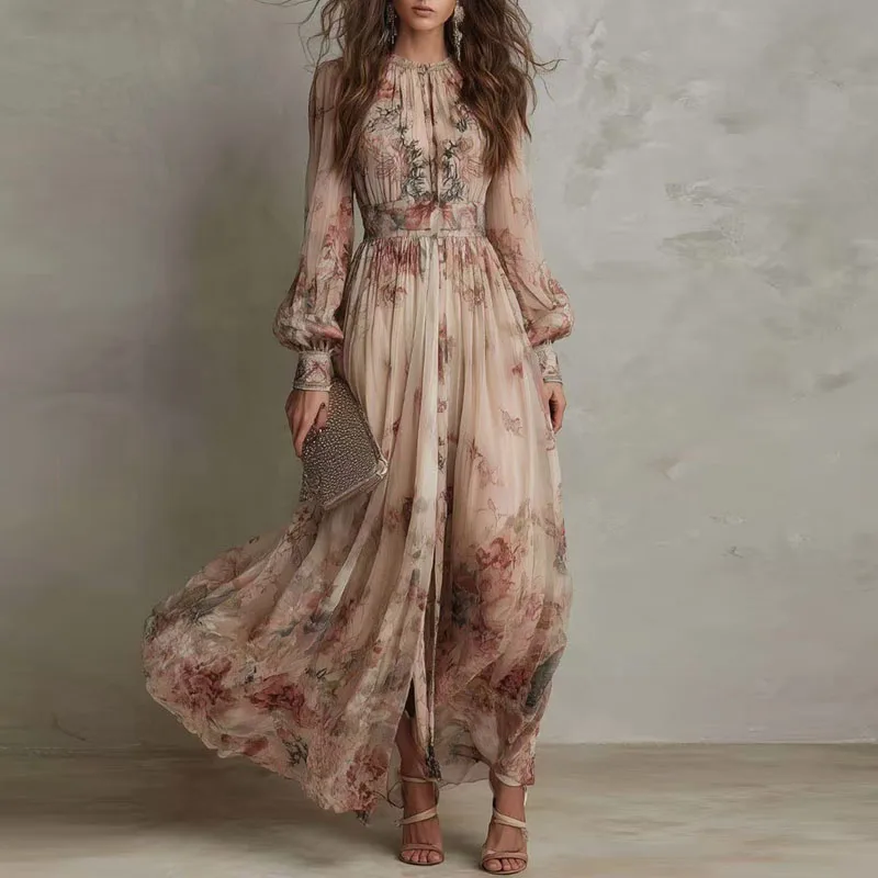 Vintage Floral Print High Waist Pleated Long Dress Woman Elegant O Neck Slim Party Dresses Spring Long Sleeve Boho Holiday Dress