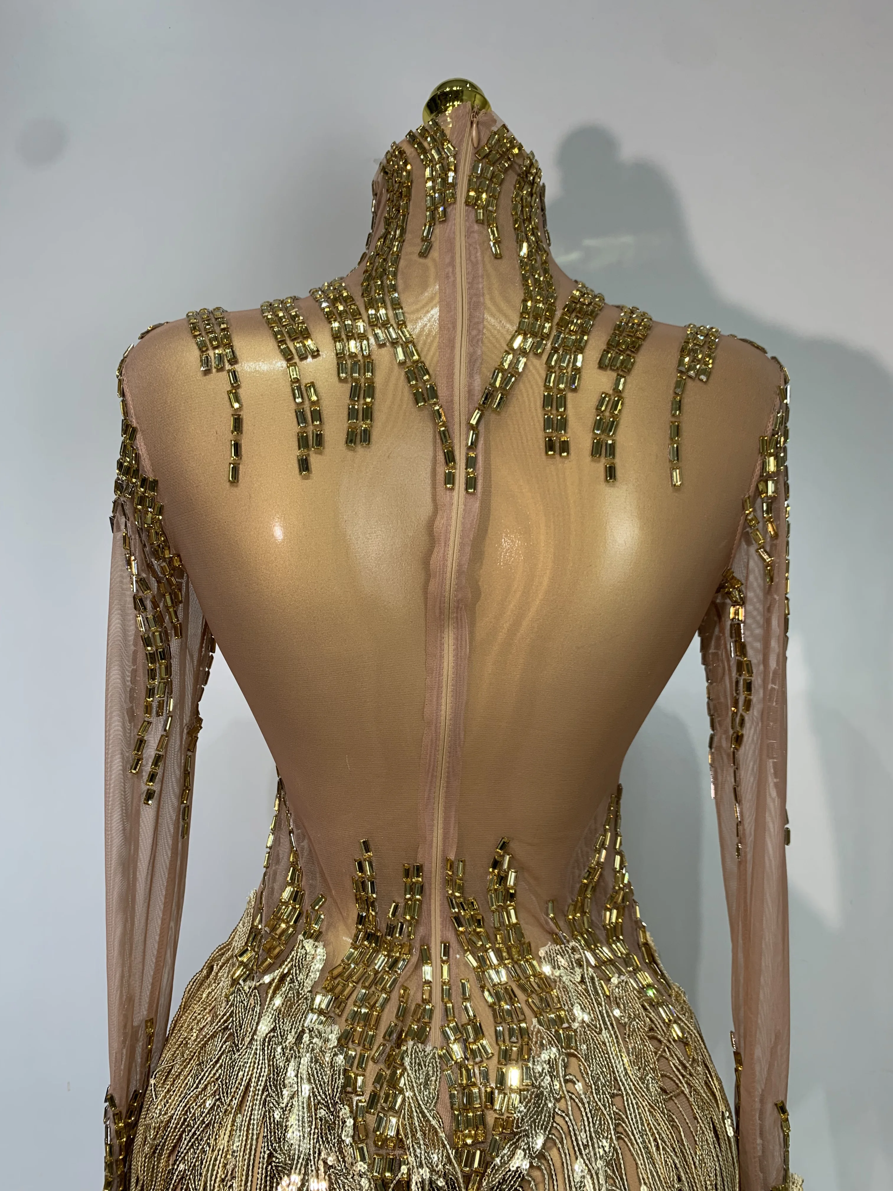Sexy Stage Costume Sparkly Rhinestone Golden Tassel Mesh Dress Evening Party Luxury Birthday Nightclub Bar DJ Dancer Outfit
