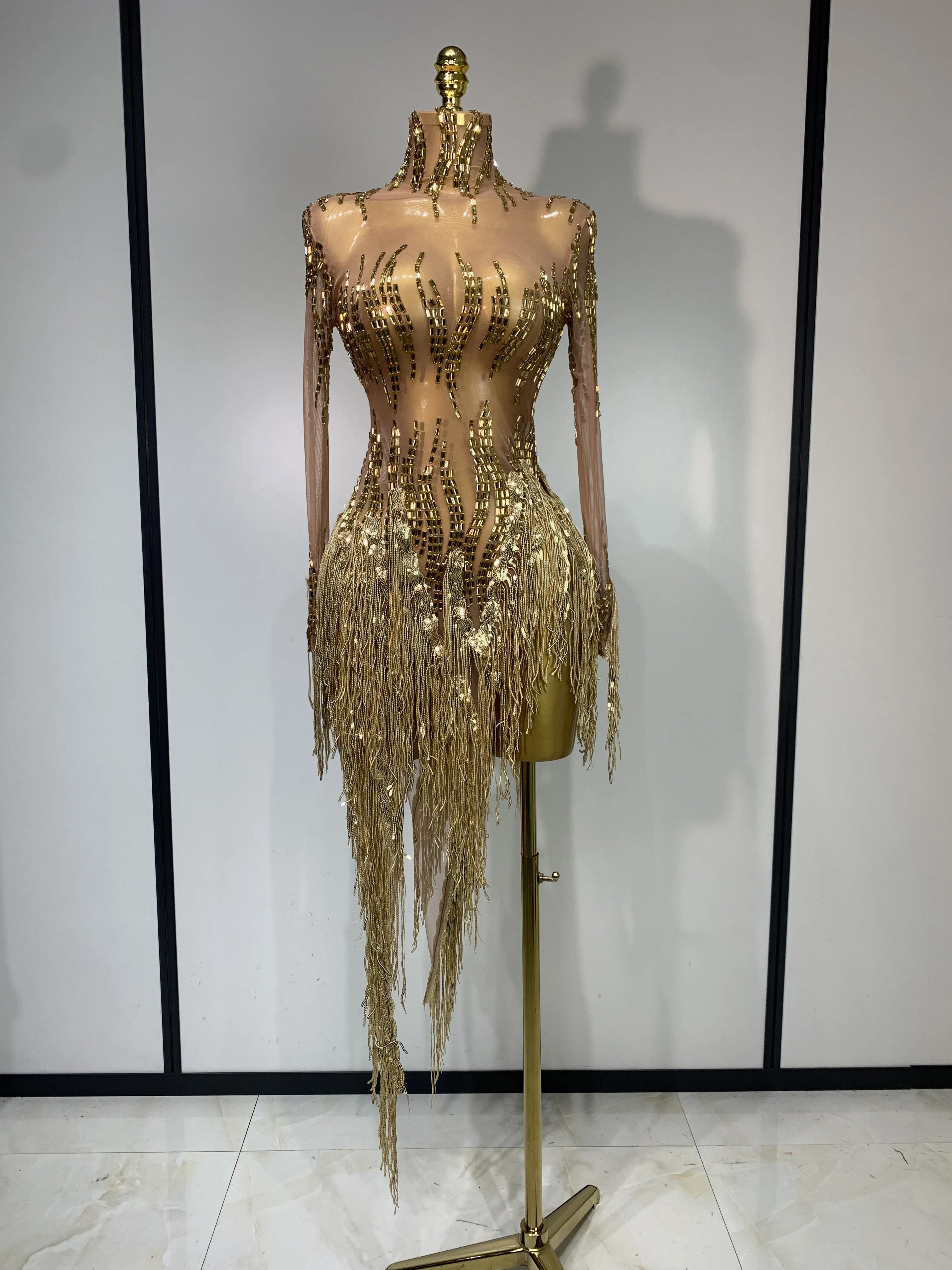 Sexy Stage Costume Sparkly Rhinestone Golden Tassel Mesh Dress Evening Party Luxury Birthday Nightclub Bar DJ Dancer Outfit