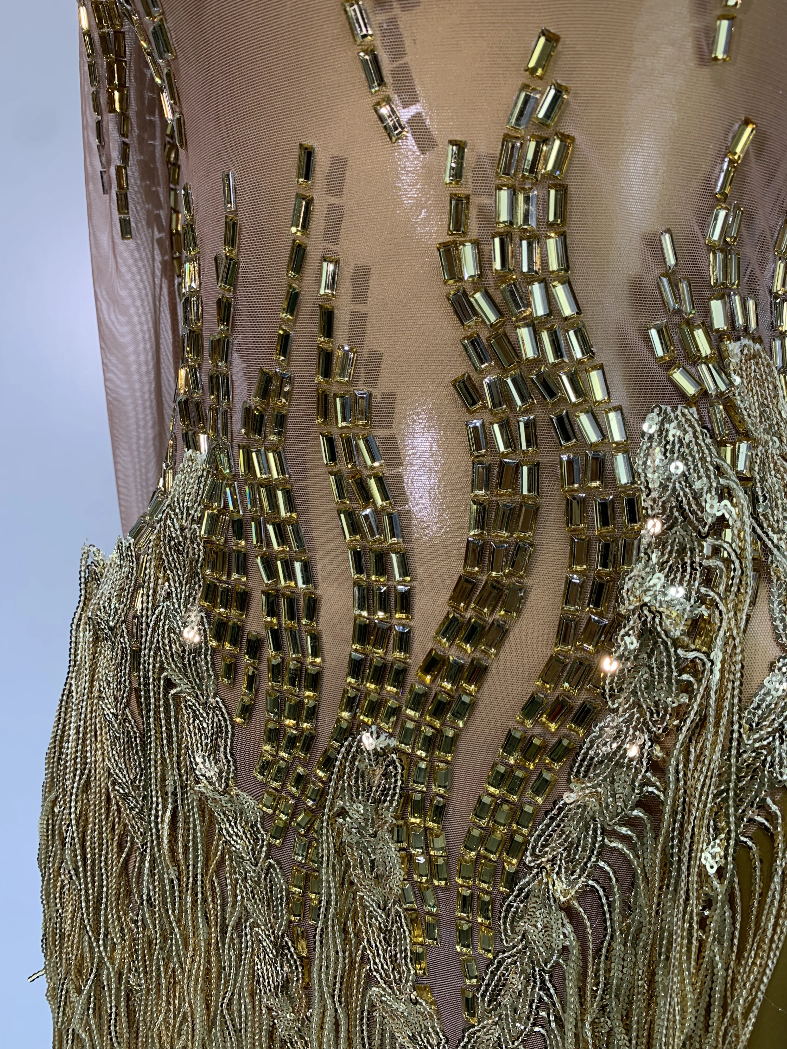 Sexy Stage Costume Sparkly Rhinestone Golden Tassel Mesh Dress Evening Party Luxury Birthday Nightclub Bar DJ Dancer Outfit
