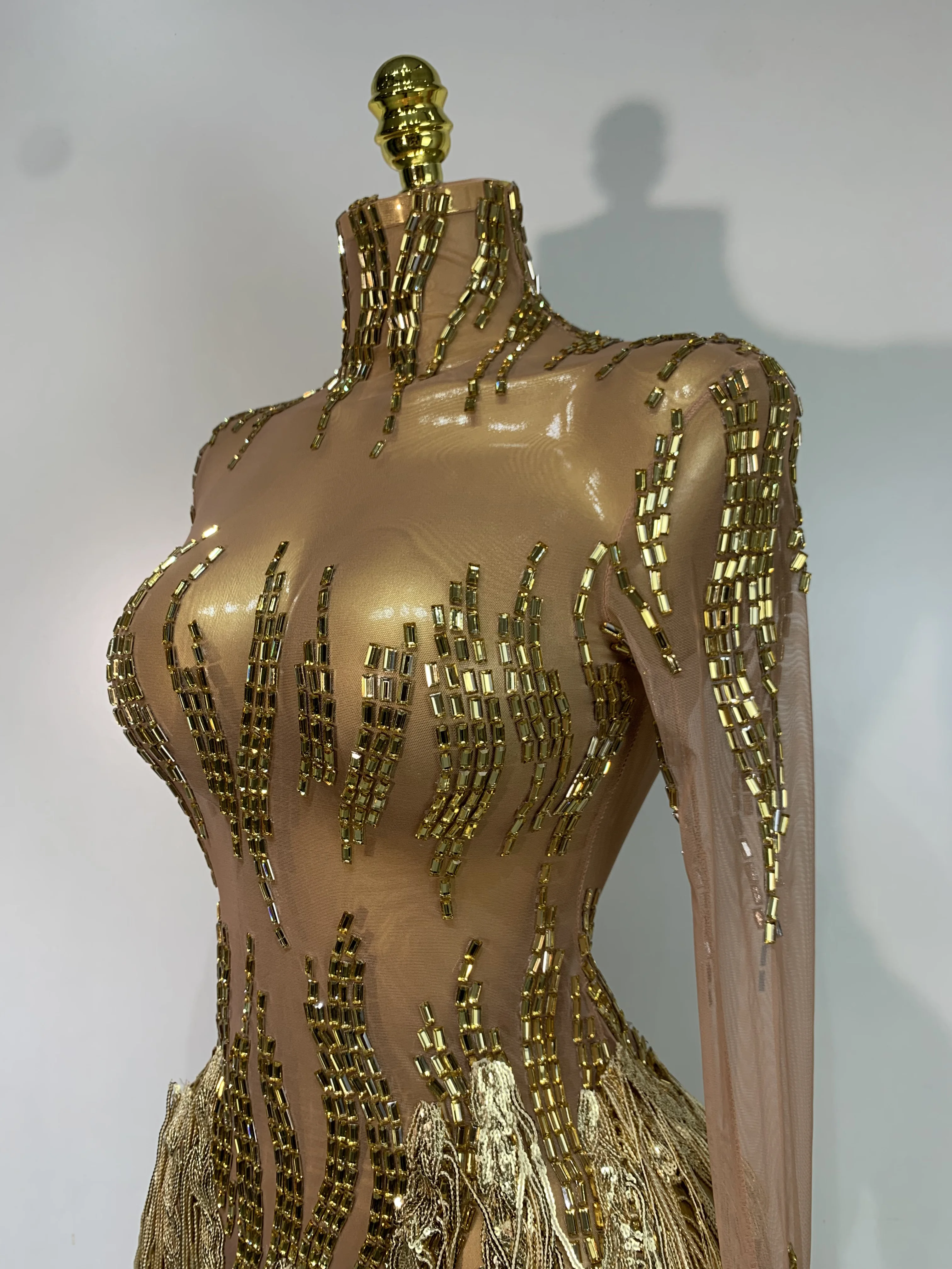 Sexy Stage Costume Sparkly Rhinestone Golden Tassel Mesh Dress Evening Party Luxury Birthday Nightclub Bar DJ Dancer Outfit