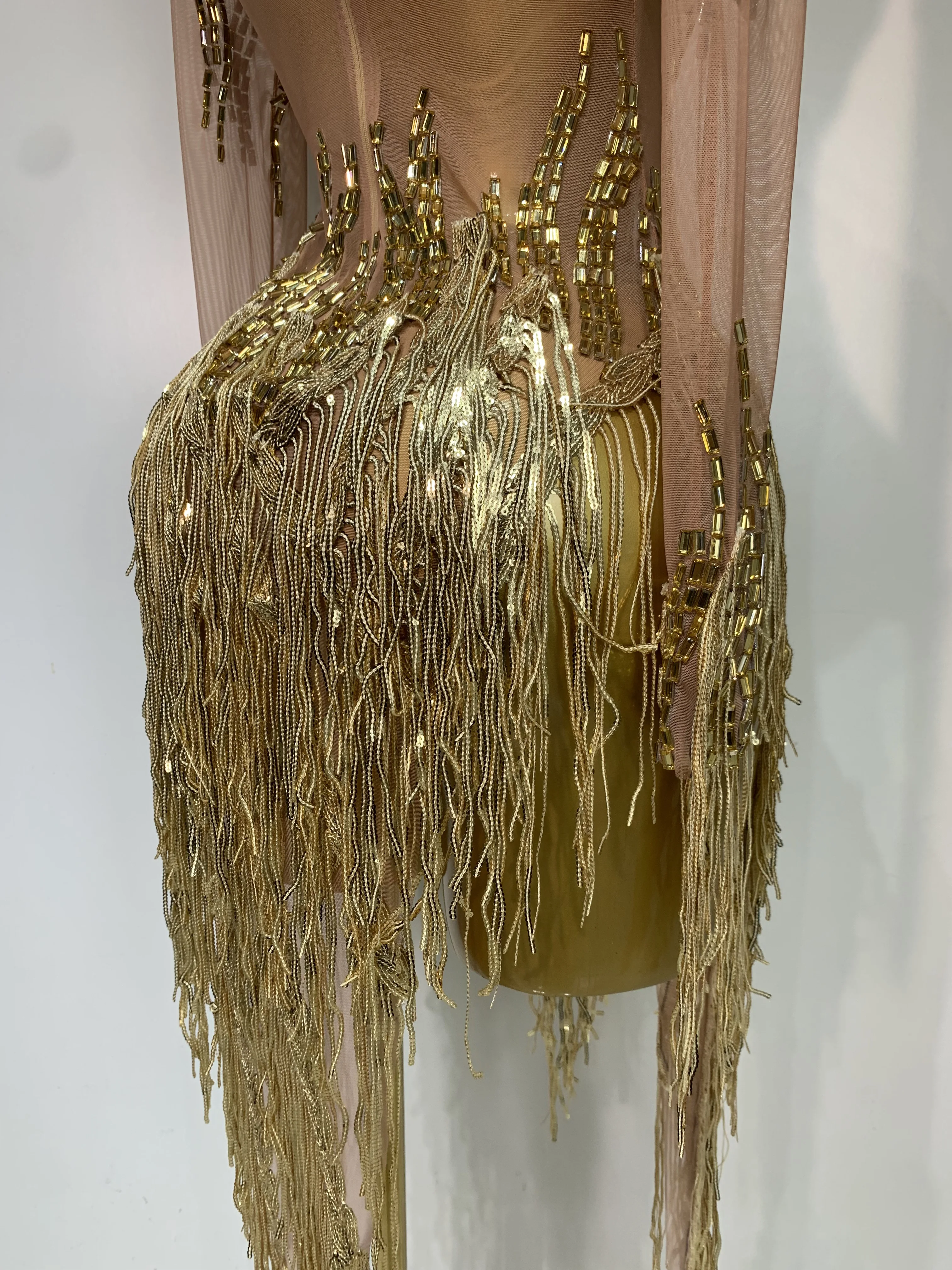 Sexy Stage Costume Sparkly Rhinestone Golden Tassel Mesh Dress Evening Party Luxury Birthday Nightclub Bar DJ Dancer Outfit