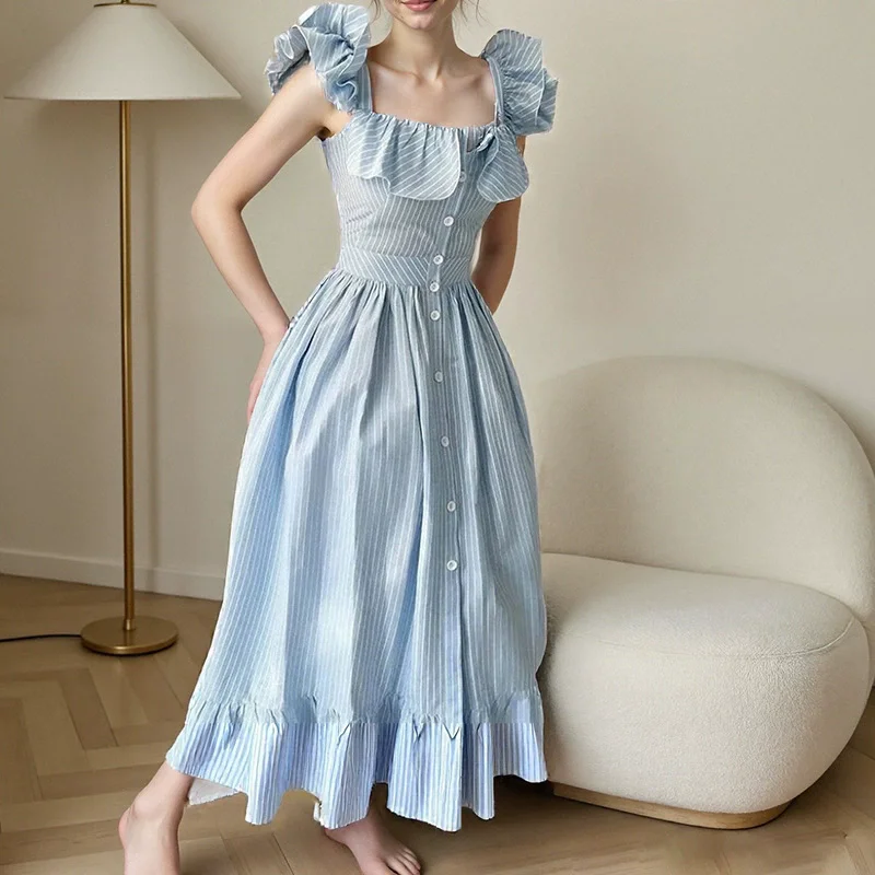 Flying Sleeves Striped Long Dresses Woman Elegant Single Breasted A-Line Robes Female Chic High Waist Summer Lady Robes Holiday
