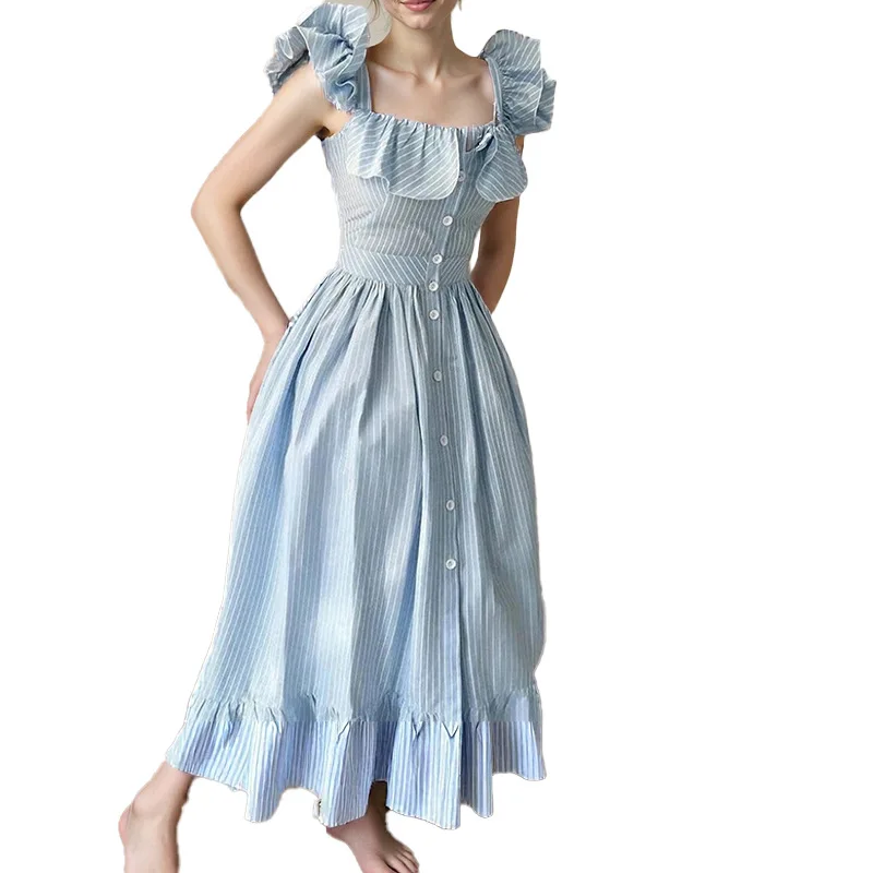 Flying Sleeves Striped Long Dresses Woman Elegant Single Breasted A-Line Robes Female Chic High Waist Summer Lady Robes Holiday