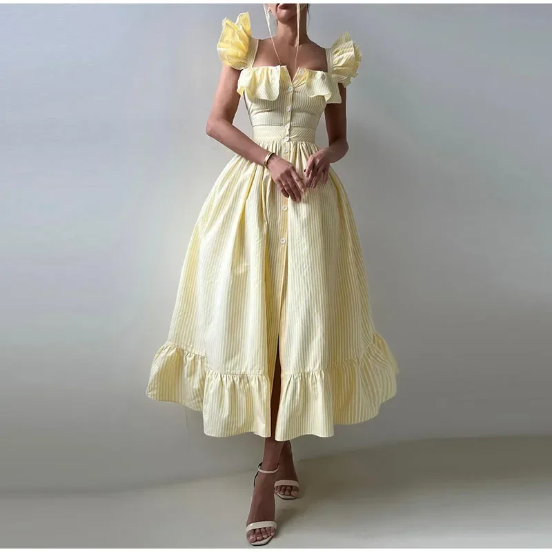 Flying Sleeves Striped Long Dresses Woman Elegant Single Breasted A-Line Robes Female Chic High Waist Summer Lady Robes Holiday