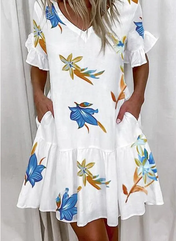 Women Summer Dress Casual V Neck Short Sleeve Butterfly Sleeve Floral Leaf Letter Print Mini Dresses Vestidos YSX9032