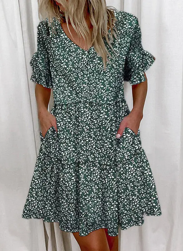 Women Summer Dress Casual V Neck Short Sleeve Butterfly Sleeve Floral Leaf Letter Print Mini Dresses Vestidos YSX9032