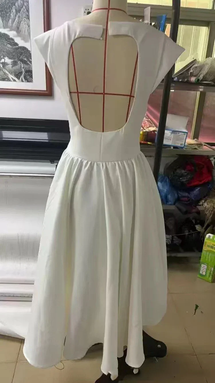 Suninheart Women Circle Cut Out Back Dress Wide Shoulders and Fitted Waist Prom Dress Fluffy Hem Midi Wedding Party Dresses