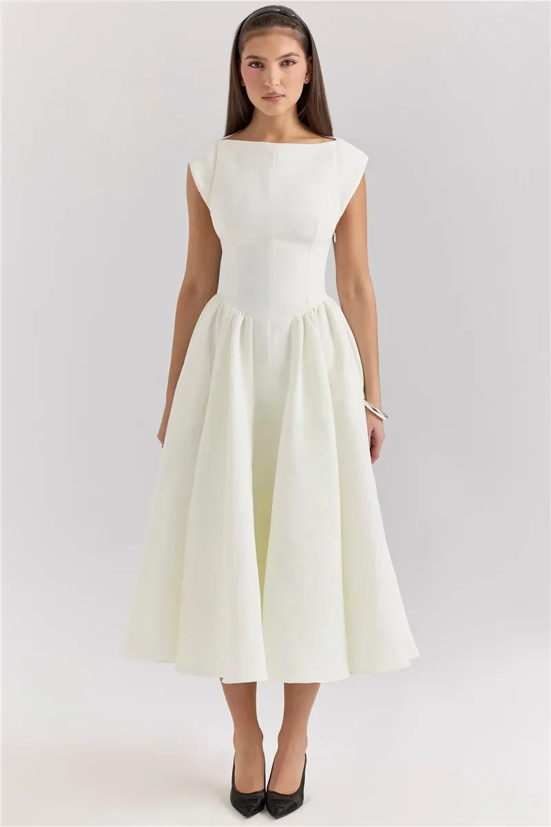 Suninheart Women Circle Cut Out Back Dress Wide Shoulders and Fitted Waist Prom Dress Fluffy Hem Midi Wedding Party Dresses