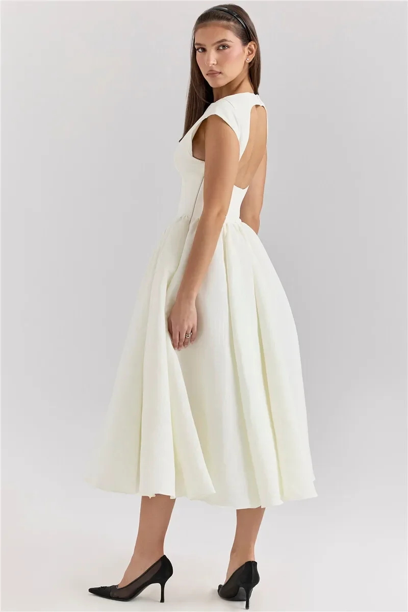 Suninheart Women Circle Cut Out Back Dress Wide Shoulders and Fitted Waist Prom Dress Fluffy Hem Midi Wedding Party Dresses