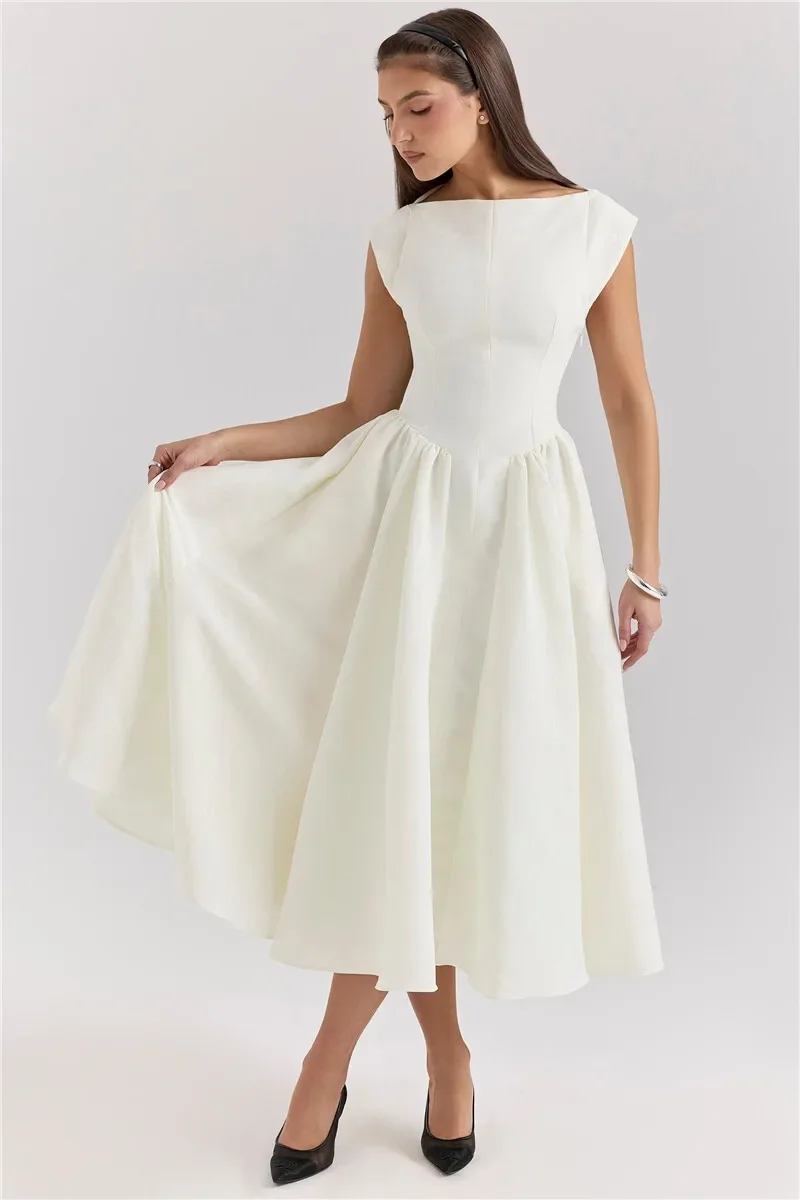 Suninheart Women Circle Cut Out Back Dress Wide Shoulders and Fitted Waist Prom Dress Fluffy Hem Midi Wedding Party Dresses