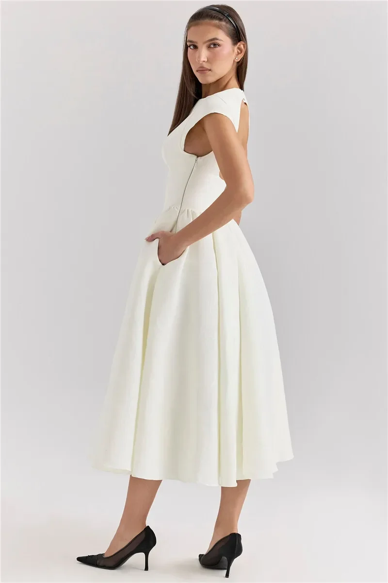 Suninheart Women Circle Cut Out Back Dress Wide Shoulders and Fitted Waist Prom Dress Fluffy Hem Midi Wedding Party Dresses