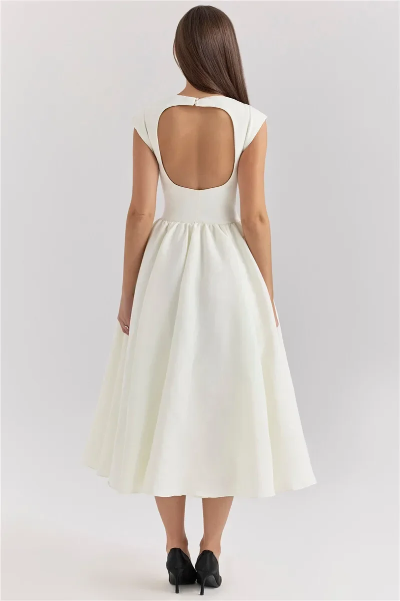Suninheart Women Circle Cut Out Back Dress Wide Shoulders and Fitted Waist Prom Dress Fluffy Hem Midi Wedding Party Dresses