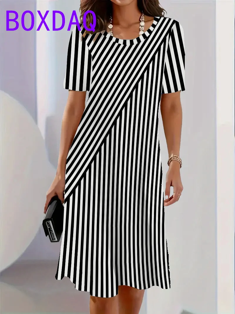 Classic Retro Striped Print Women Dresses Summer 2025 Casual Fashion Dress Short Sleeve O-Neck Loose A-Line Dress Women Sundress