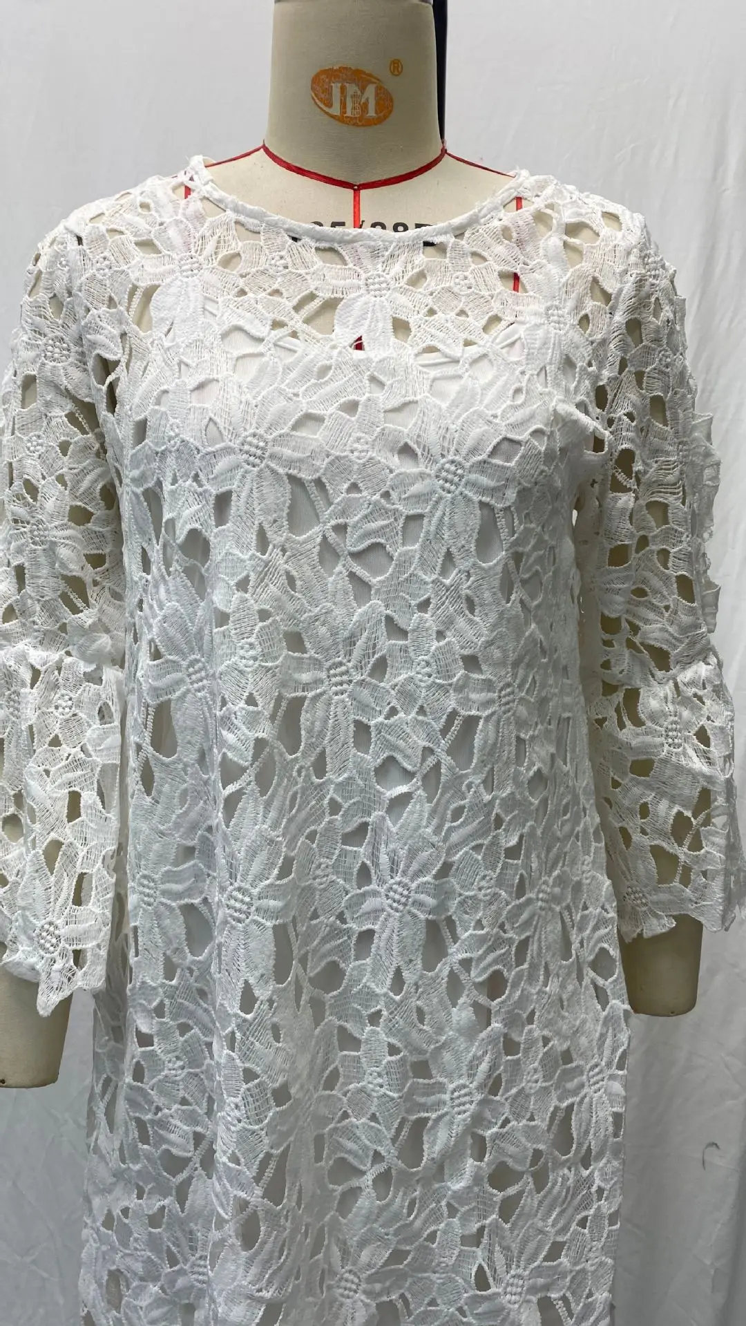 Autumn Women's Solid Color Dress Ethnic Style Sexy Lace Hollow Flower Temperament Elegant Casual Long Sleeved Knee Length Dress