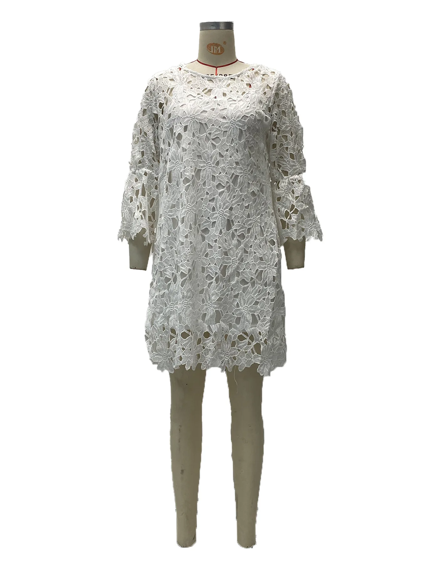 Autumn Women's Solid Color Dress Ethnic Style Sexy Lace Hollow Flower Temperament Elegant Casual Long Sleeved Knee Length Dress