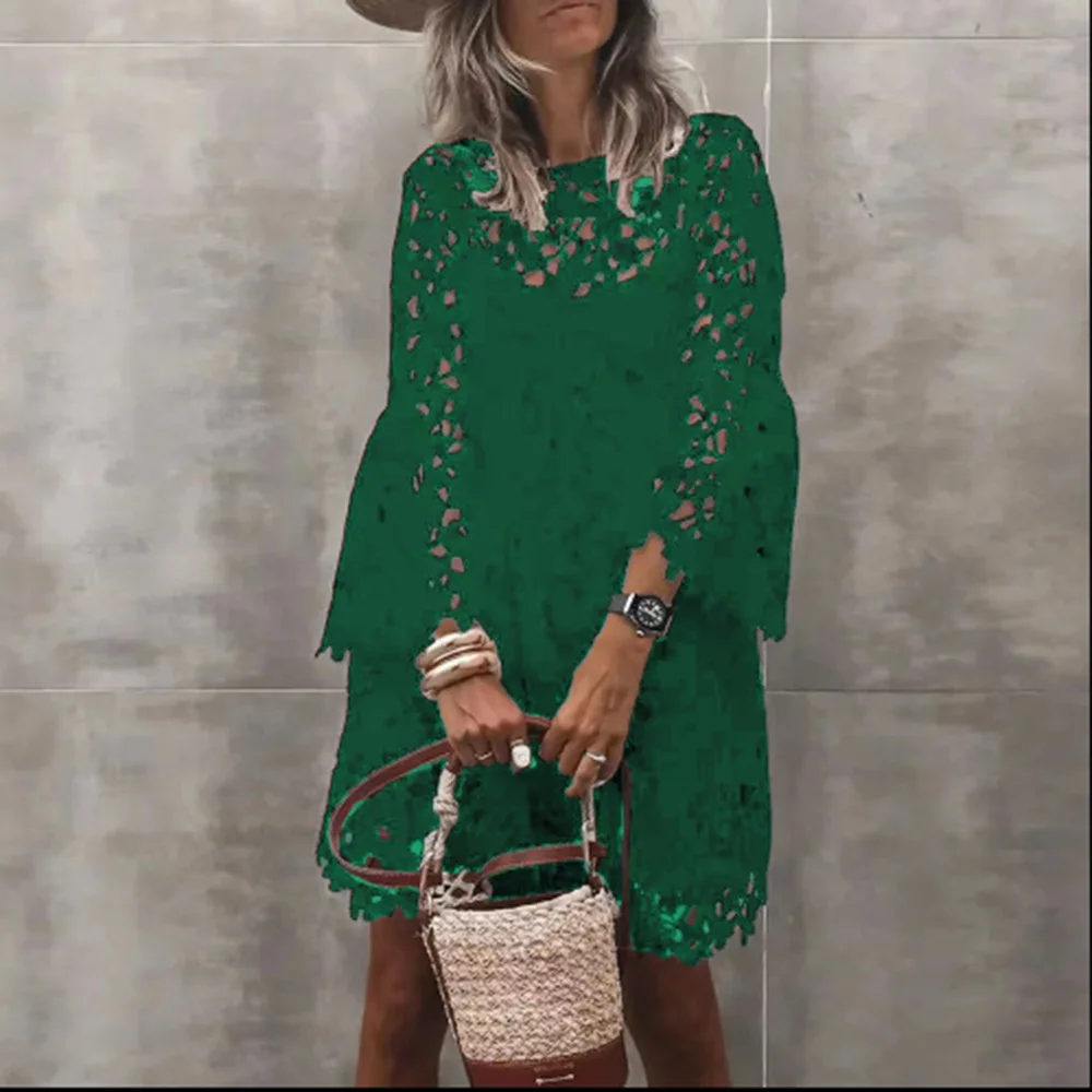 Autumn Women's Solid Color Dress Ethnic Style Sexy Lace Hollow Flower Temperament Elegant Casual Long Sleeved Knee Length Dress