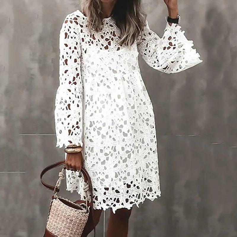 Autumn Women's Solid Color Dress Ethnic Style Sexy Lace Hollow Flower Temperament Elegant Casual Long Sleeved Knee Length Dress